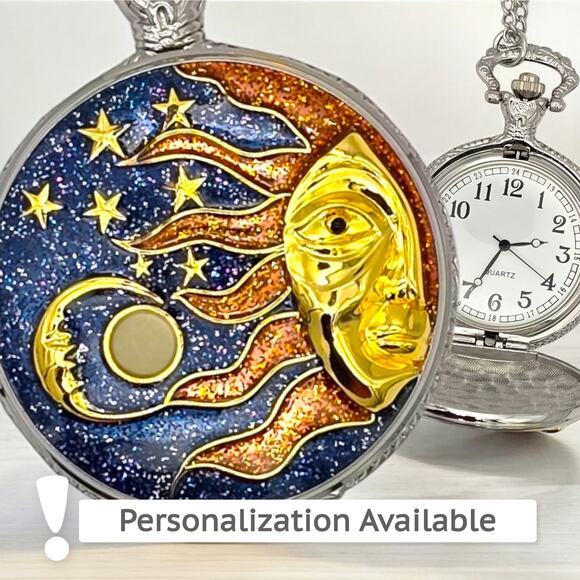 Other - Mystic Sun & Stars Pocket Watch - Celestial Moon Cosmic Gift, Starry Vintage